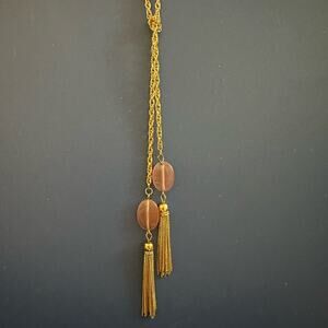 Stylish Gold Tone Lariat Necklace with Tassels & Pink Quartz